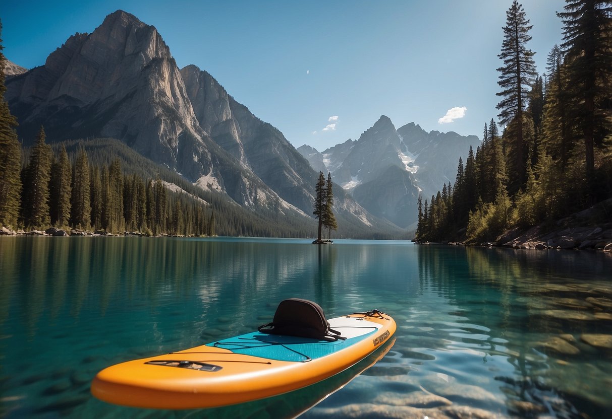 A paddleboard floats on a serene mountain lake, surrounded by towering peaks and clear blue skies. The air is thin and crisp, with a sense of calm and tranquility