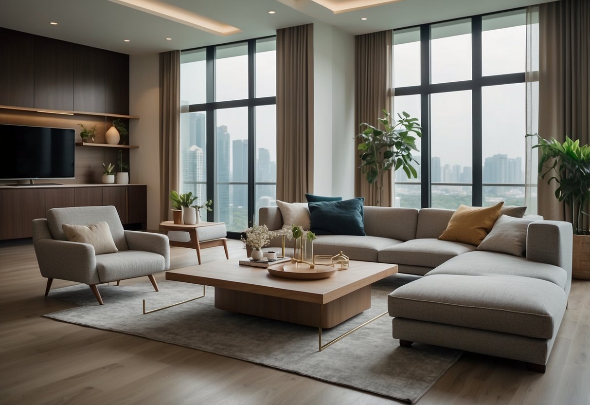 A modern living room with sleek, minimalist furniture in Singapore. Clean lines, neutral colors, and a warm ambiance
