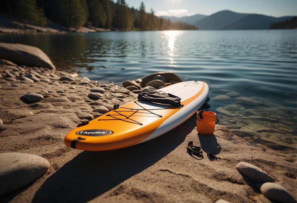 A paddleboard lies on a calm mountain lake shore. A paddle, life jacket, and sunscreen sit nearby. The sun shines down on the tranquil scene