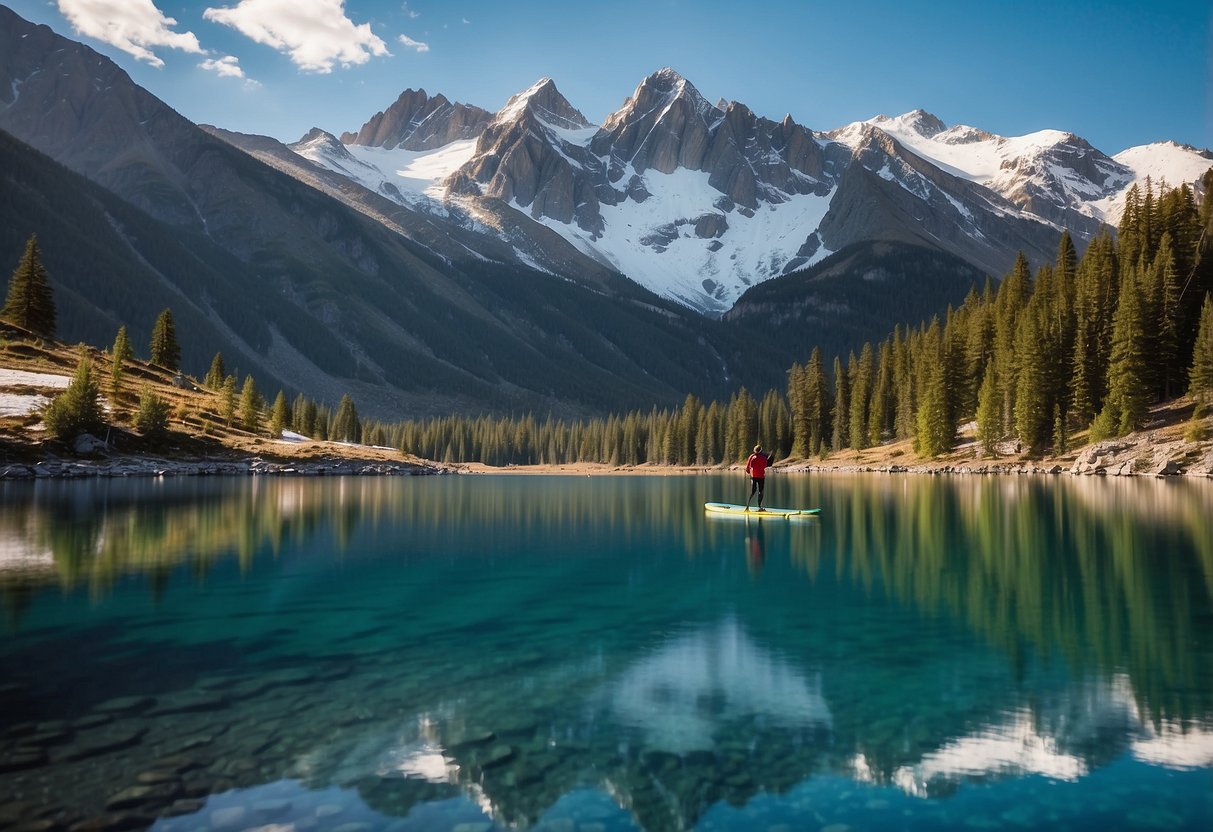 A paddleboarder glides across a serene alpine lake, surrounded by majestic snow-capped peaks. The clear, crisp air and still waters create a tranquil atmosphere for this high-altitude adventure