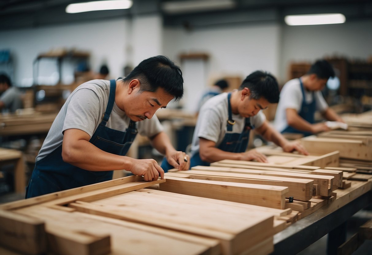 A bustling workshop with workers assembling and crafting wooden furniture at Song Furniture Construction & Trading Pte Ltd in Singapore