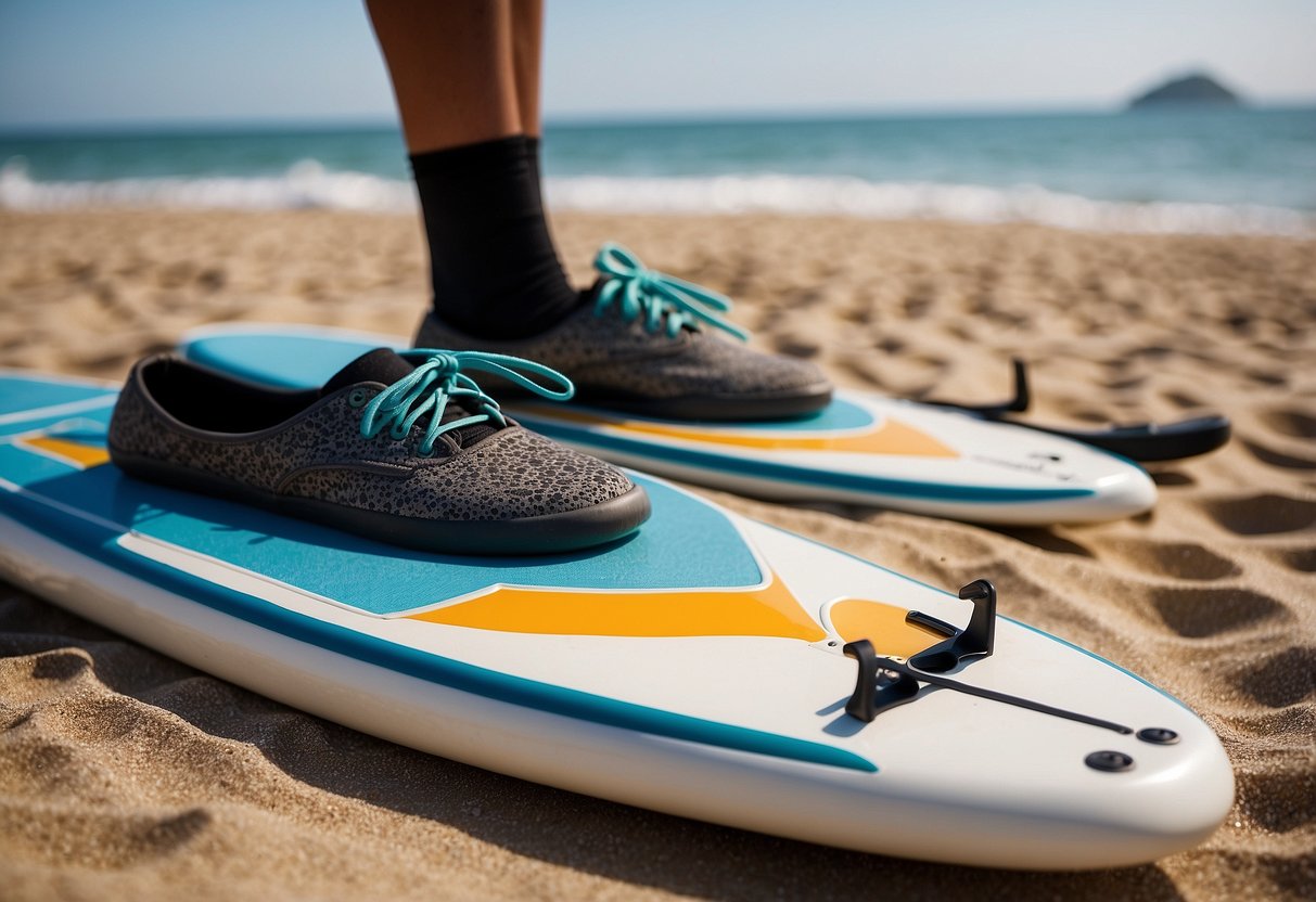 A pair of paddleboarding shoes laid out on a sandy beach, with a calm ocean in the background and a paddleboard resting on the shore