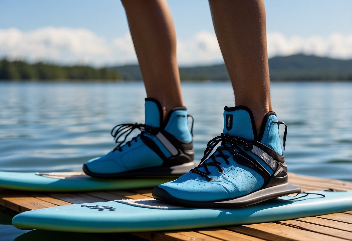 A pair of VIFUUR water sports shoes sits on a paddleboard, surrounded by calm blue waters and a clear sky, conveying comfort and relaxation