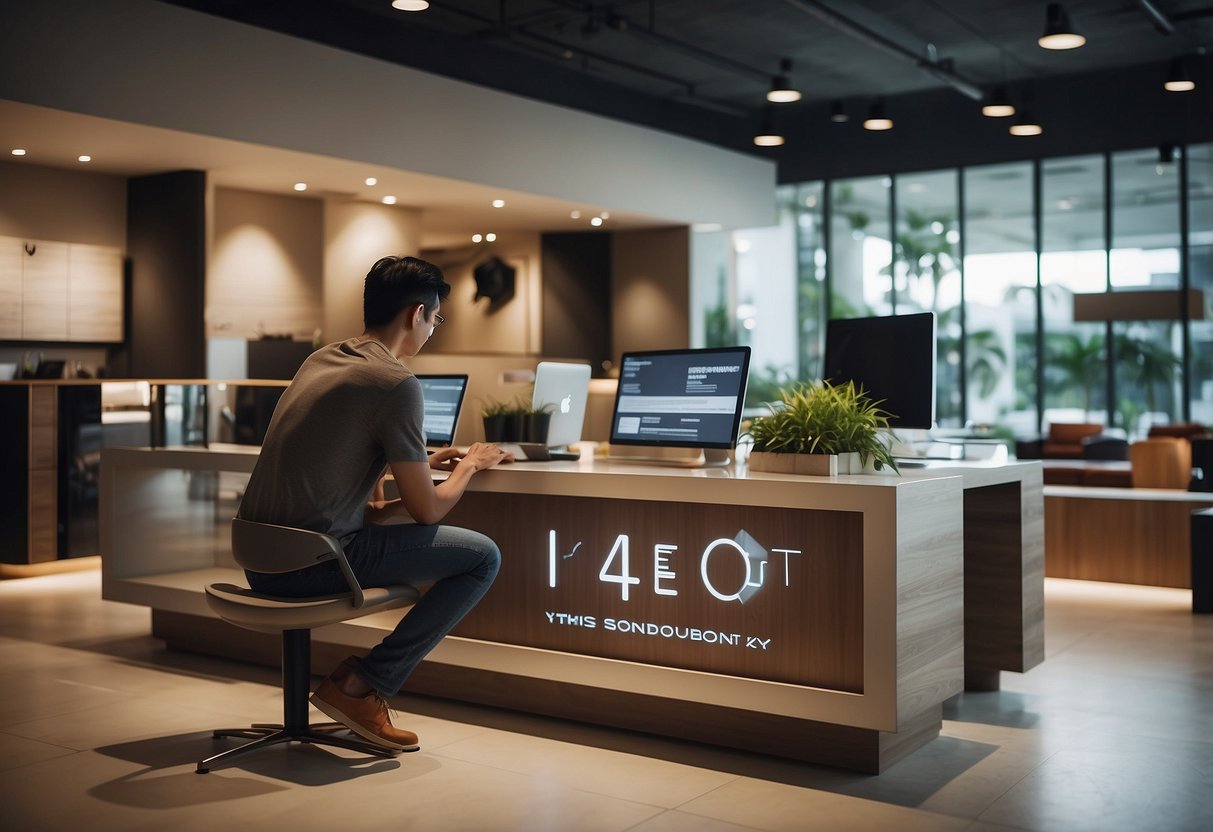 A customer filling out information form next to a display of furniture with warranty signs in a Singapore showroom