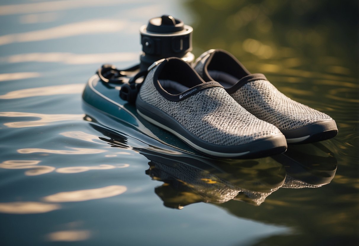 A pair of Aleader Mesh Slip On Water Shoes floating on calm water, surrounded by paddleboarding equipment