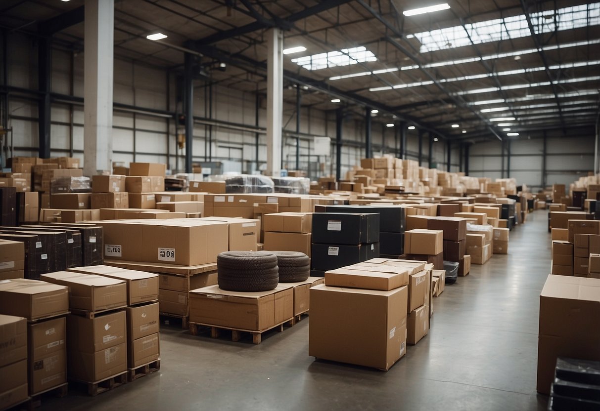A warehouse filled with various furniture items, neatly arranged in rows, with signage indicating "Frequently Asked Questions wholesale discount furniture."