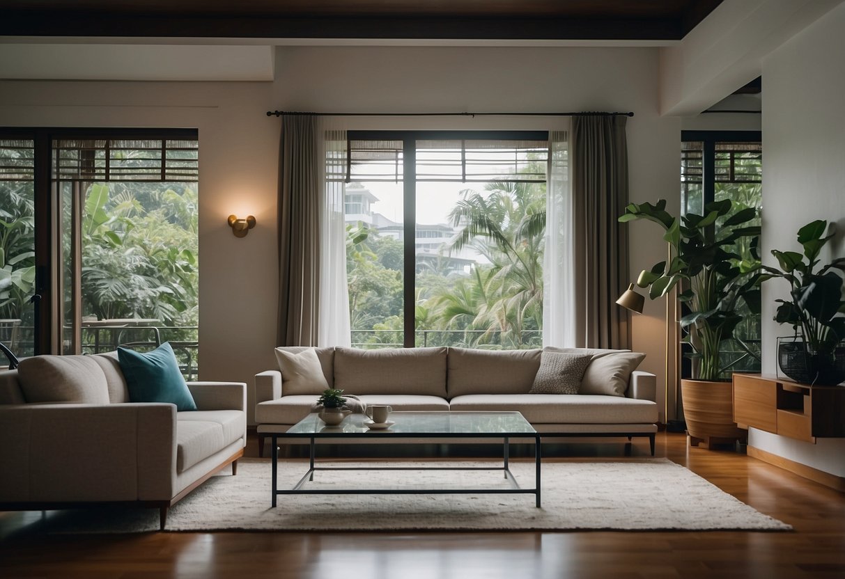 A cozy living room with modern furniture in Singapore, featuring a sleek sofa, a stylish coffee table, and a minimalist entertainment unit