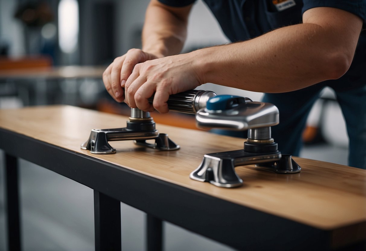 Heavy-duty furniture feet being adjusted on a table leg