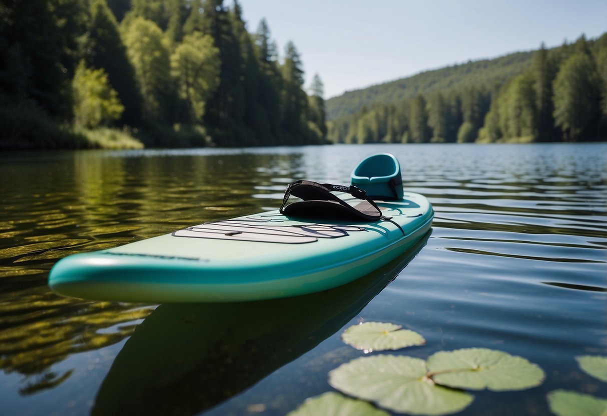 A serene lake with a paddleboard floating on calm waters, surrounded by lush greenery and a clear blue sky. The Crocs Swiftwater Wave shoes are placed neatly on the paddleboard, ready for an adventure