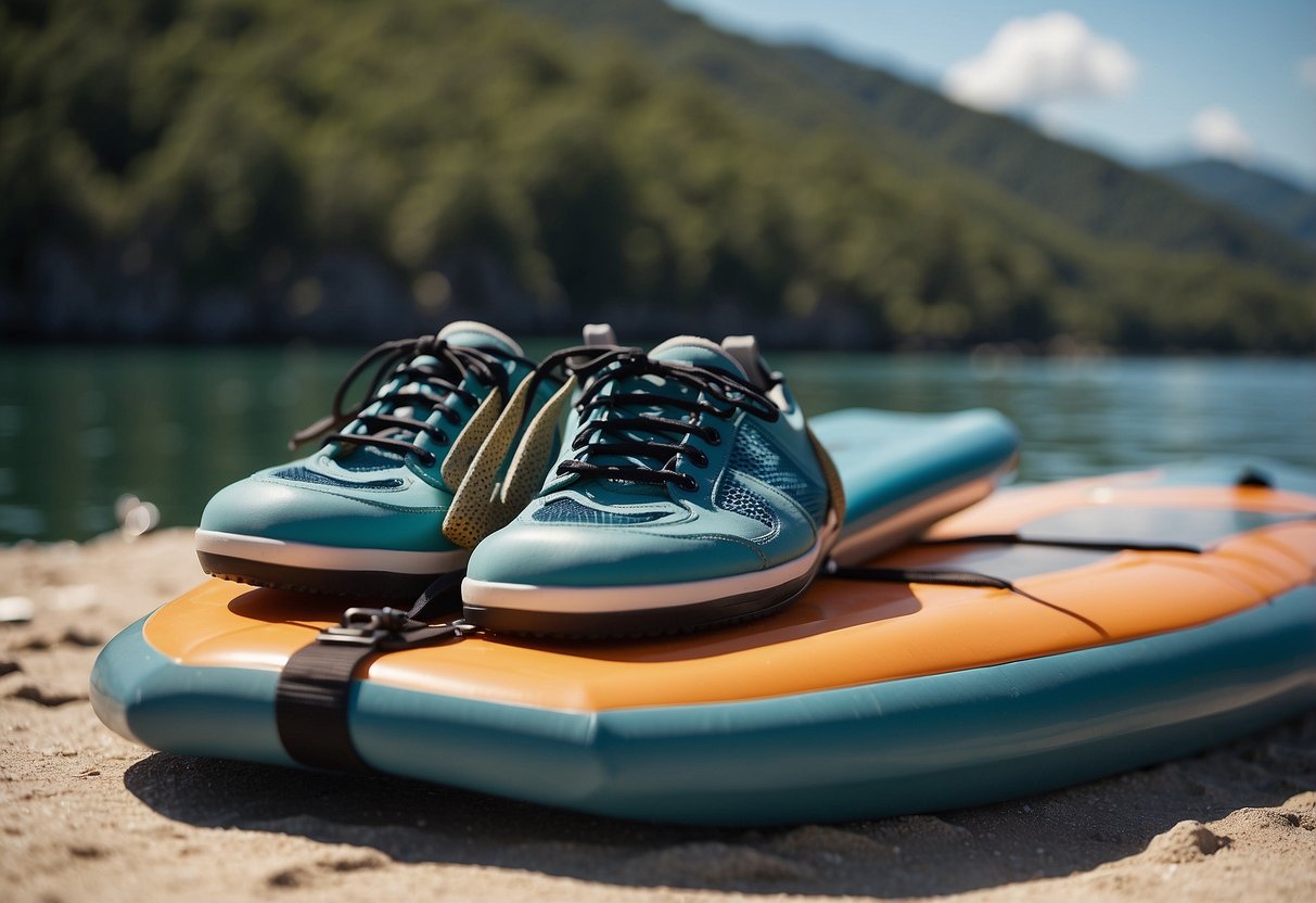 A pair of paddleboarding shoes placed next to a paddle and life jacket, with a scenic view of calm waters and a clear blue sky in the background