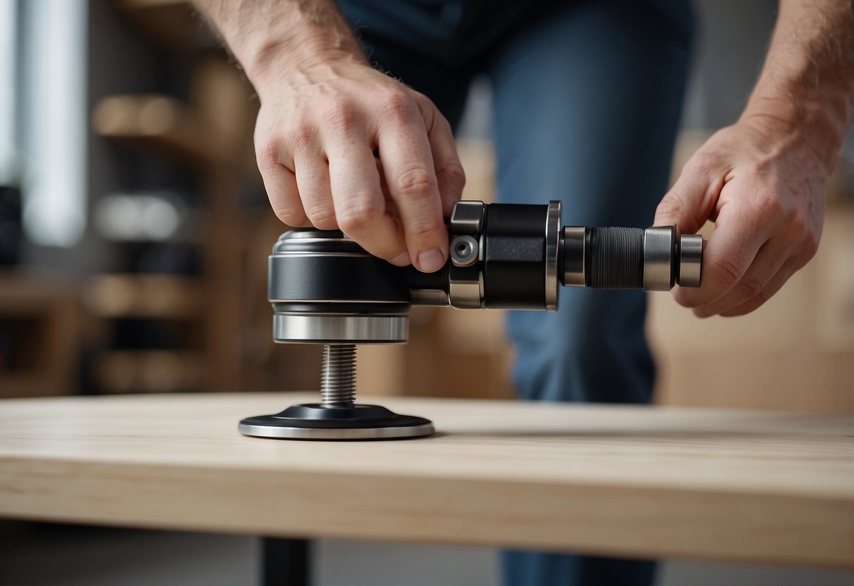 Heavy-duty adjustable furniture feet being installed and adjusted on a sturdy table leg