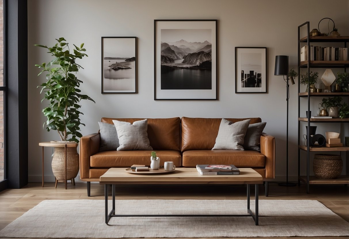 A room with a mix of furniture styles: a modern leather sofa, a vintage wooden coffee table, and a sleek metal bookshelf