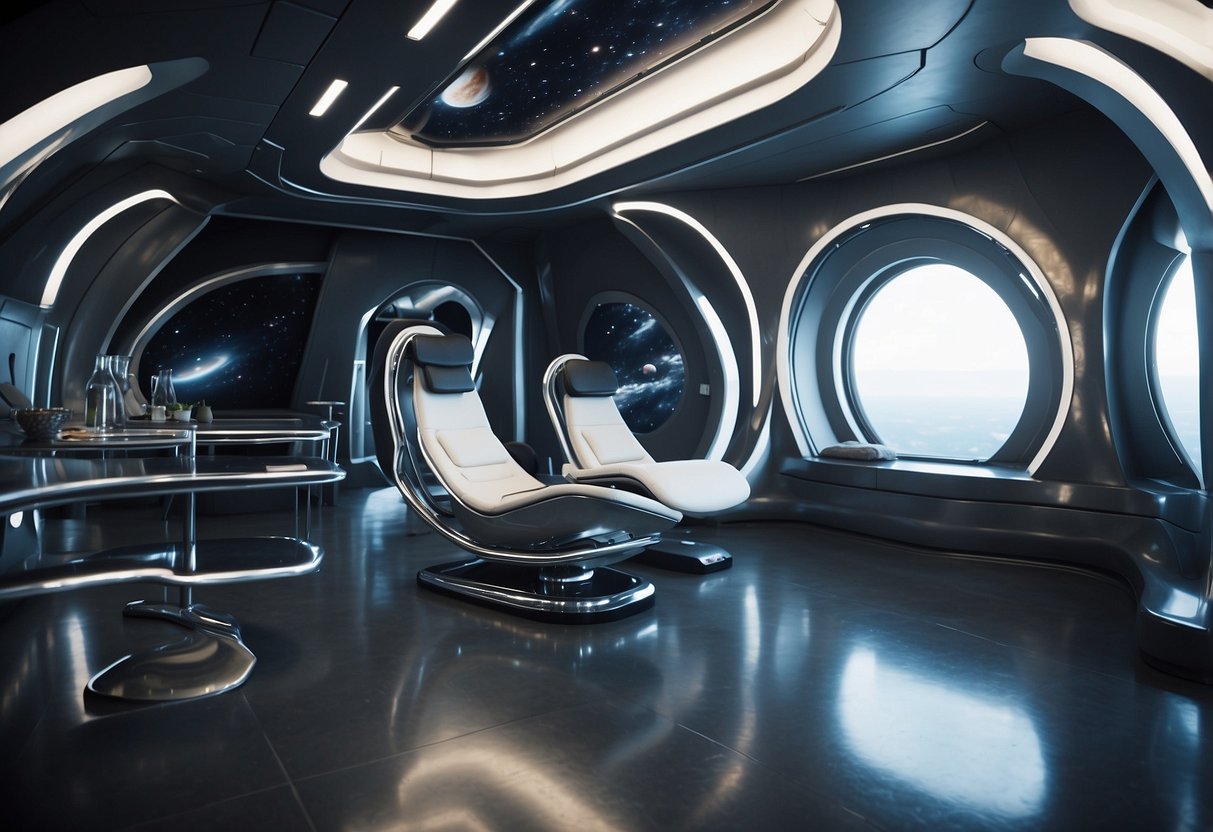 A sleek, metallic chair floats in zero gravity, surrounded by futuristic space furniture