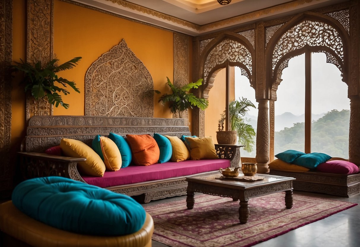 A spacious living room with a traditional diwan placed against a decorative wall. The diwan is adorned with intricate carvings and colorful cushions, creating a cozy and inviting atmosphere