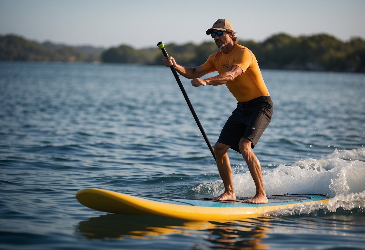 A paddleboarder confidently navigates calm waters, demonstrating proper stance, balance, and paddle technique. Safety gear is visible