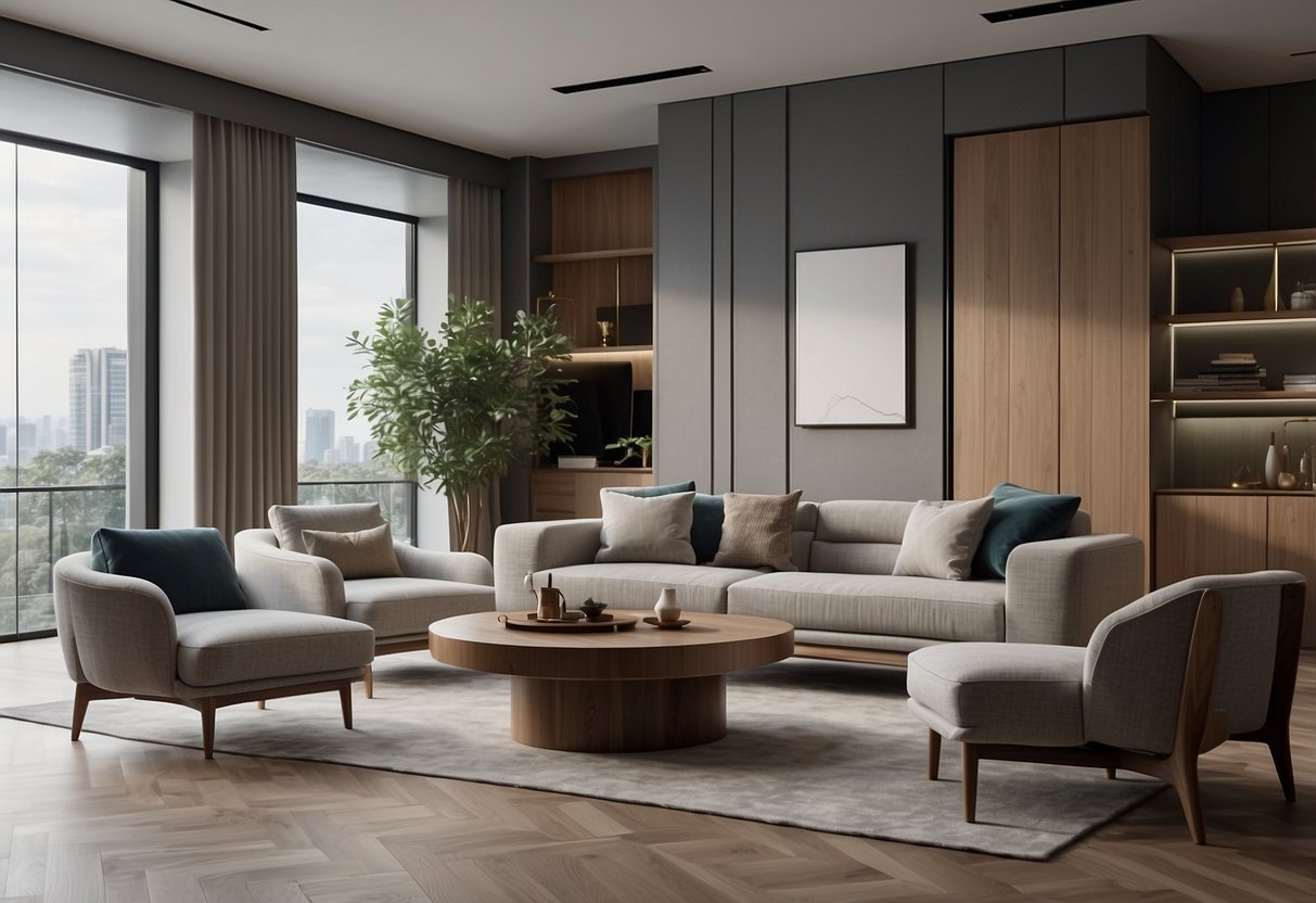 A modern living room with sleek Olivia Lee furniture, featuring clean lines and minimalist design