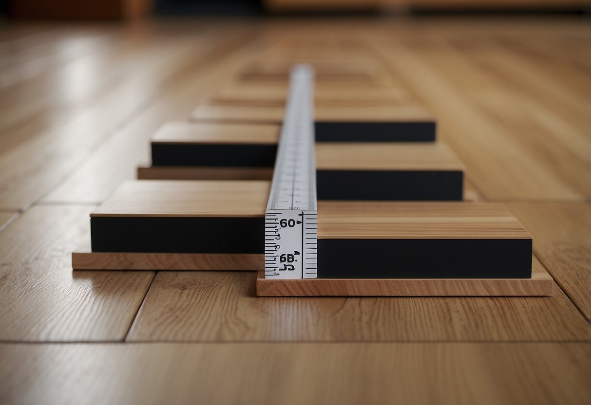 Several heavy-duty adjustable furniture feet arranged in a grid pattern on a hardwood floor, with a ruler nearby for measurement