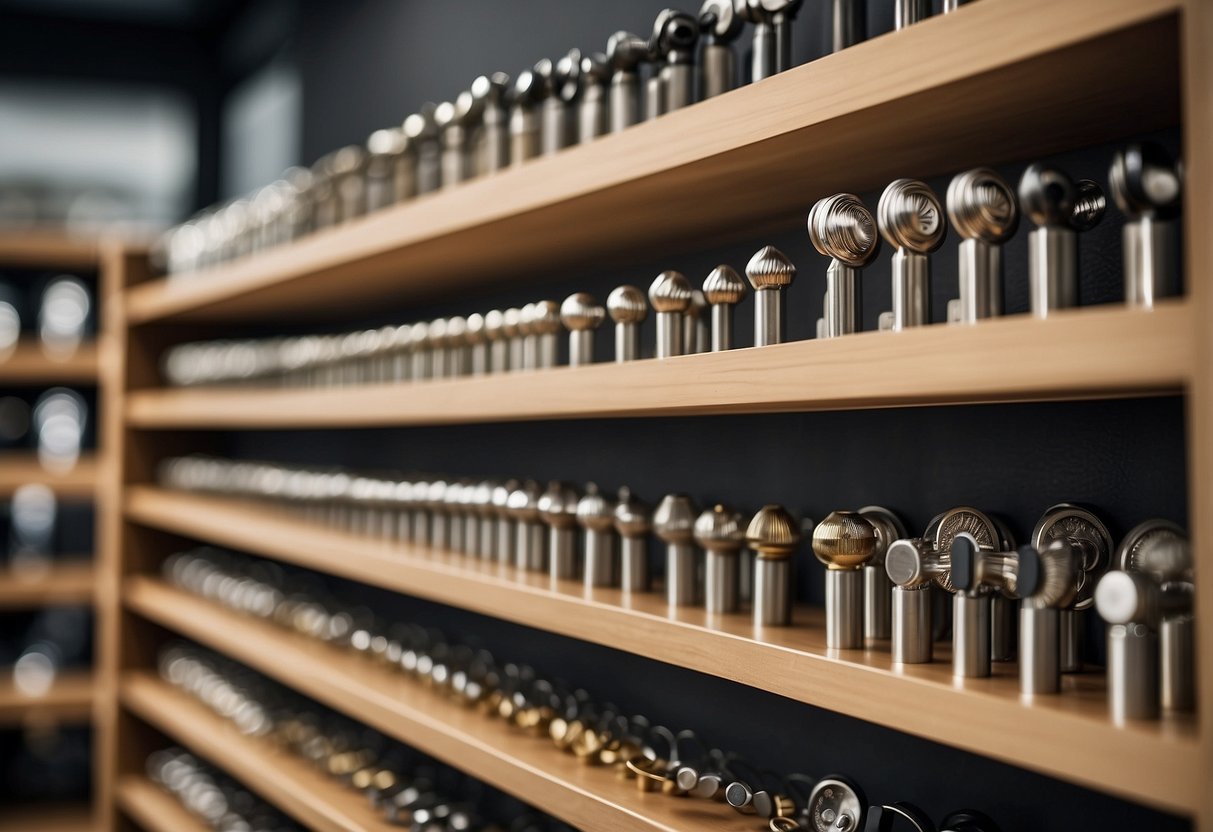 Various furniture hardware displayed in a well-lit shop in Singapore. Shelves and cabinets showcase handles, knobs, hinges, and other accessories