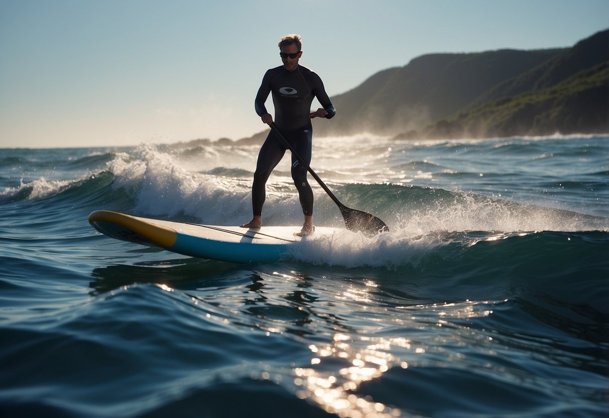 A paddleboard glides through choppy waters, maneuvering around waves and currents with ease