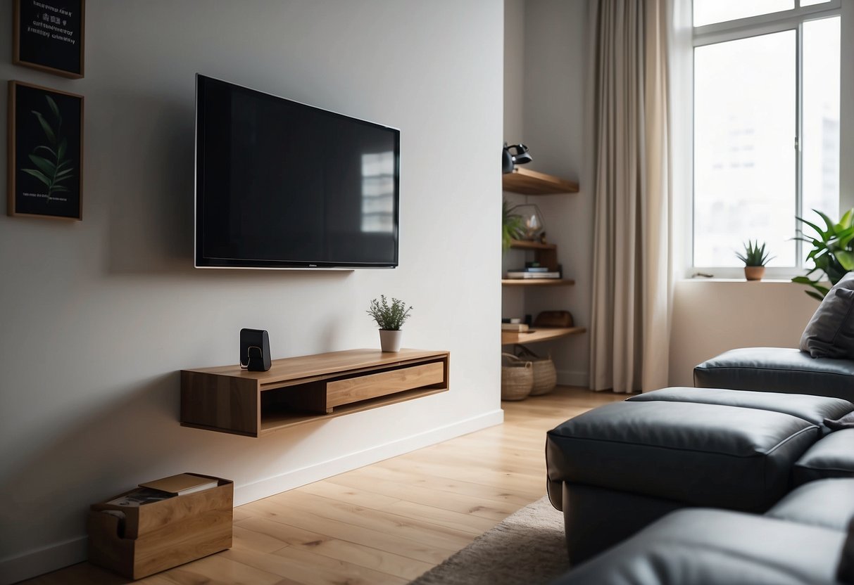 A compact space with foldable furniture and wall-mounted chairs for efficient use of space