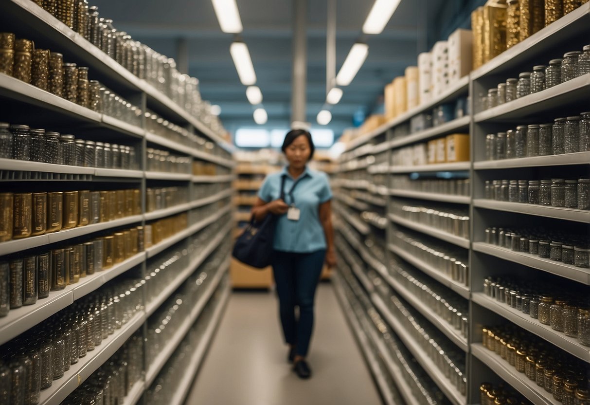 A customer browses shelves of knobs, pulls, and hinges in a well-lit Singapore hardware shop. Rows of neatly organized hardware fill the space