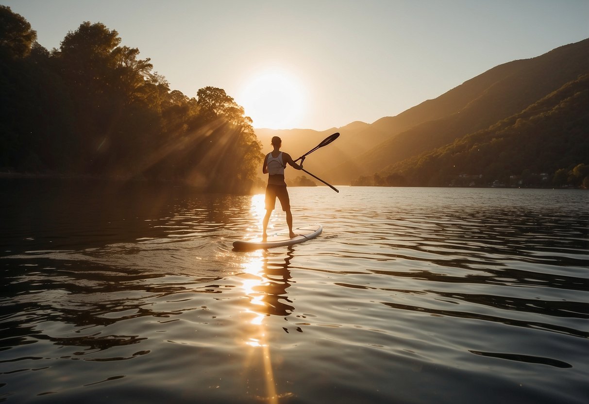 A stand-up paddleboarder glides across calm water, demonstrating strong and steady paddling technique. The sun shines overhead, casting a warm glow on the serene scene