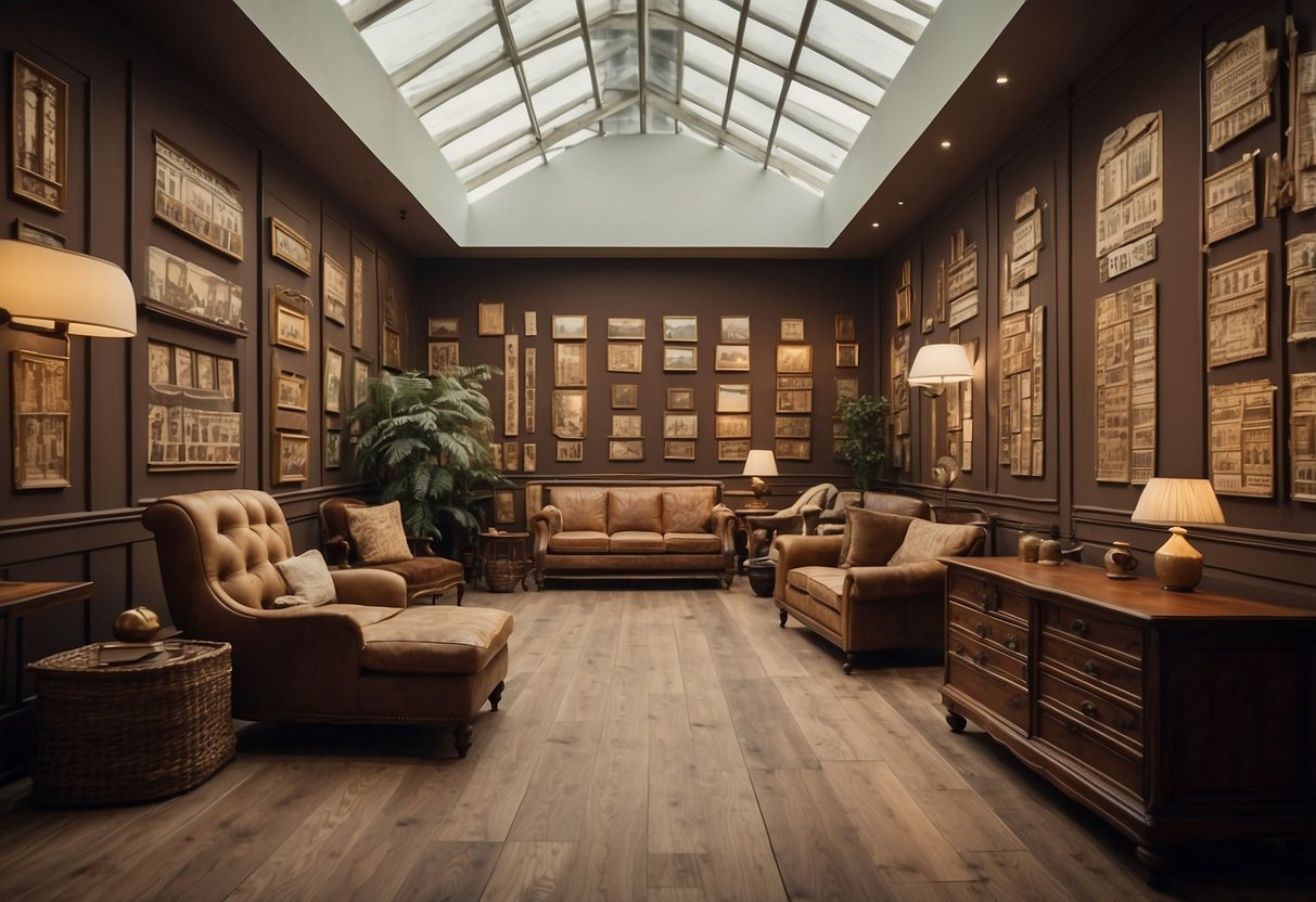 A room with a timeline of furniture styles, from ancient to modern, displayed in chronological order. Each piece represents a different era and design aesthetic