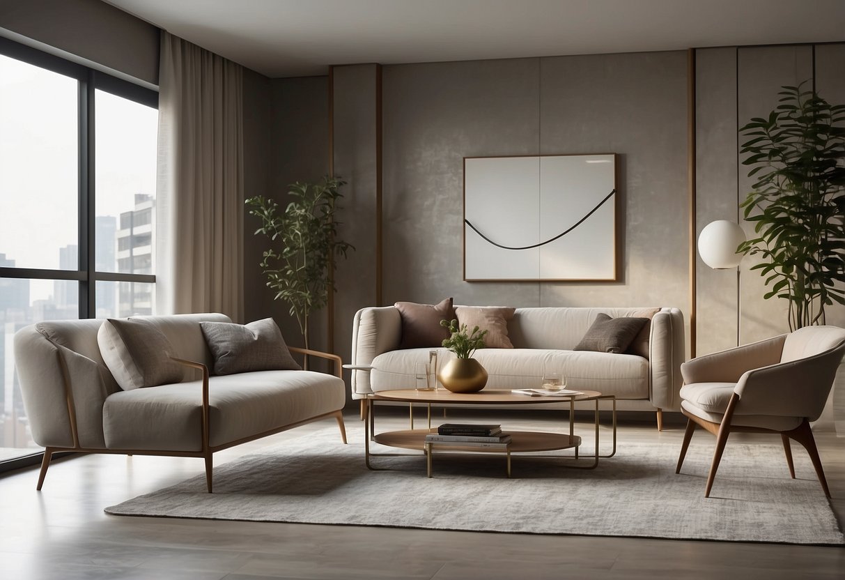 A sleek, minimalist living room with Olivia Lee's furniture as the focal point. Clean lines, neutral colors, and innovative design elements create a modern and sophisticated atmosphere