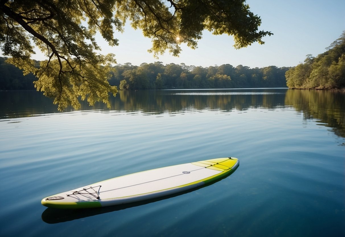 Crystal-clear water reflects a bright blue sky. A paddleboard floats peacefully, surrounded by gentle ripples. A distant shore and lush greenery frame the serene scene