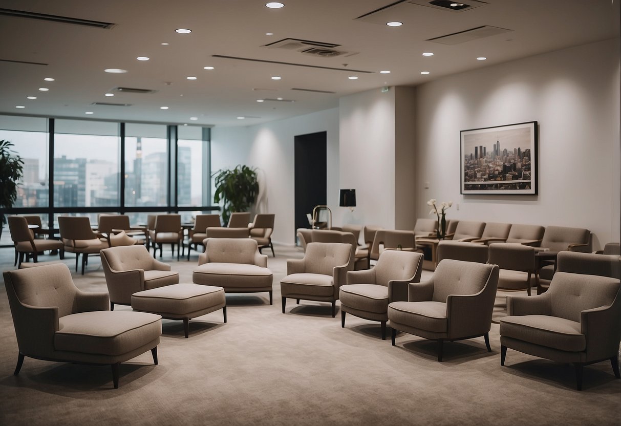 A room with rows of chairs, labeled "Frequently Asked Questions," in a sleek and modern space furniture showroom