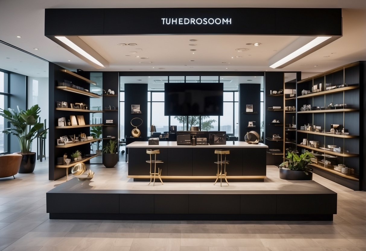 The showroom features sleek display shelves and modern furniture hardware. Contact information is prominently displayed on the front desk