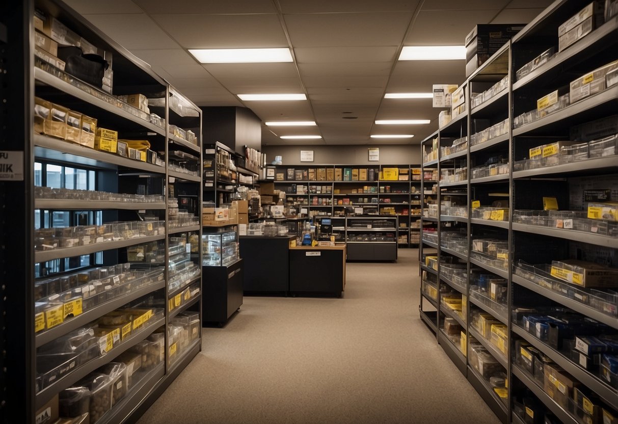 Shelves stocked with various hardware items, customers browsing, staff assisting, signage indicating "Frequently Asked Questions" section