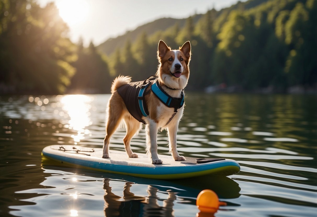 A dog stands on a paddleboard, enjoying the calm waters. The sun is shining, and the water is clear. The pet wears a life jacket, and the owner stands nearby, offering guidance