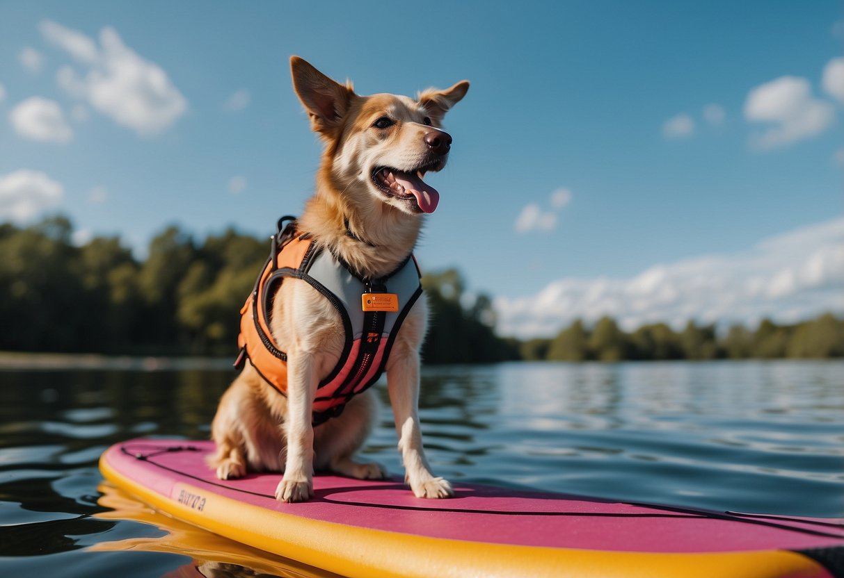 A dog wearing a life jacket stands on a paddleboard, surrounded by calm water and a sunny sky. The dog looks happy and confident as it prepares to paddleboard with its owner