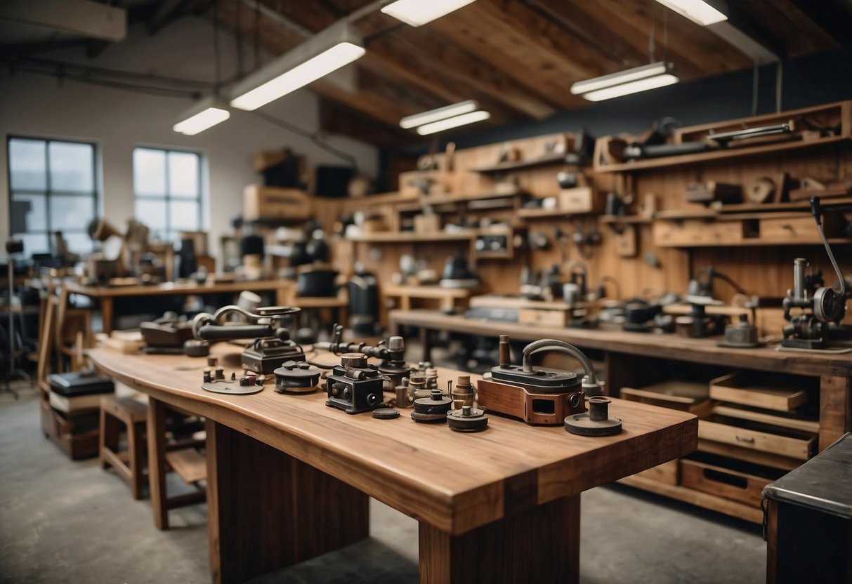A workshop filled with various furniture styles, showcasing different materials and craftsmanship. Wood, metal, and upholstery pieces are arranged for illustration
