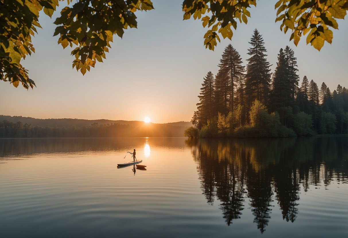 A calm lake reflects the surrounding trees as a paddleboarder and their dog peacefully glide across the water. The sun sets in the distance, casting a warm glow over the serene scene