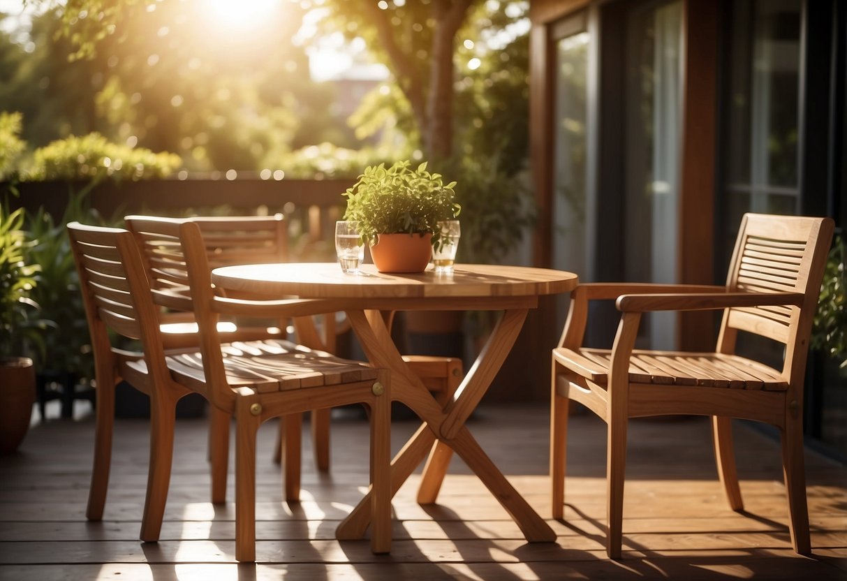 A sunlit patio adorned with high quality teak furniture. The warm wood glows in the light, creating an inviting and luxurious outdoor space