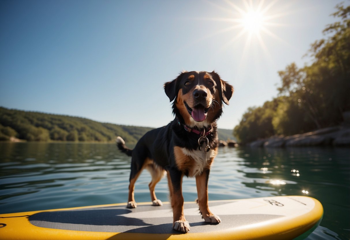 A dog stands confidently on a paddleboard, tail wagging as the owner gives treats and praise. The sun shines, water ripples, and the dog looks happy and relaxed