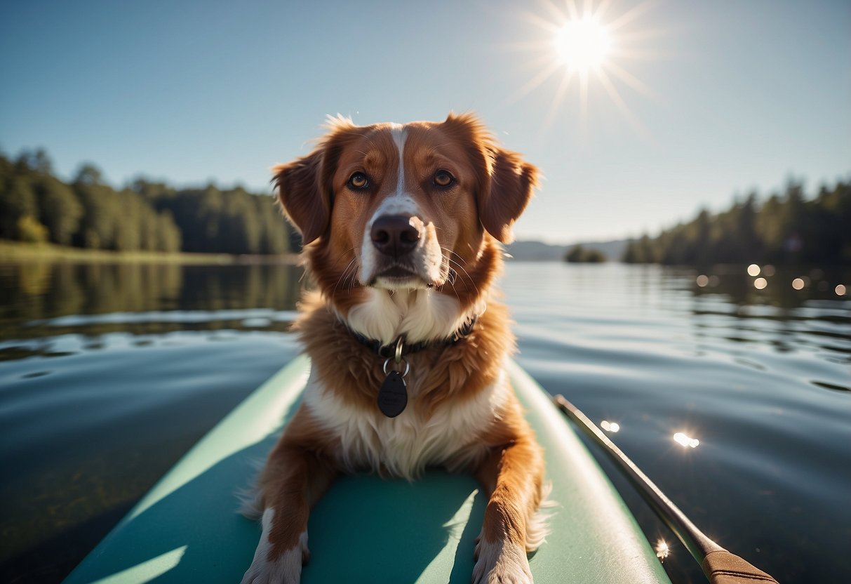 A dog sits on a paddleboard, surrounded by calm waters. The sun is shining, and the scene exudes a sense of patience and tranquility