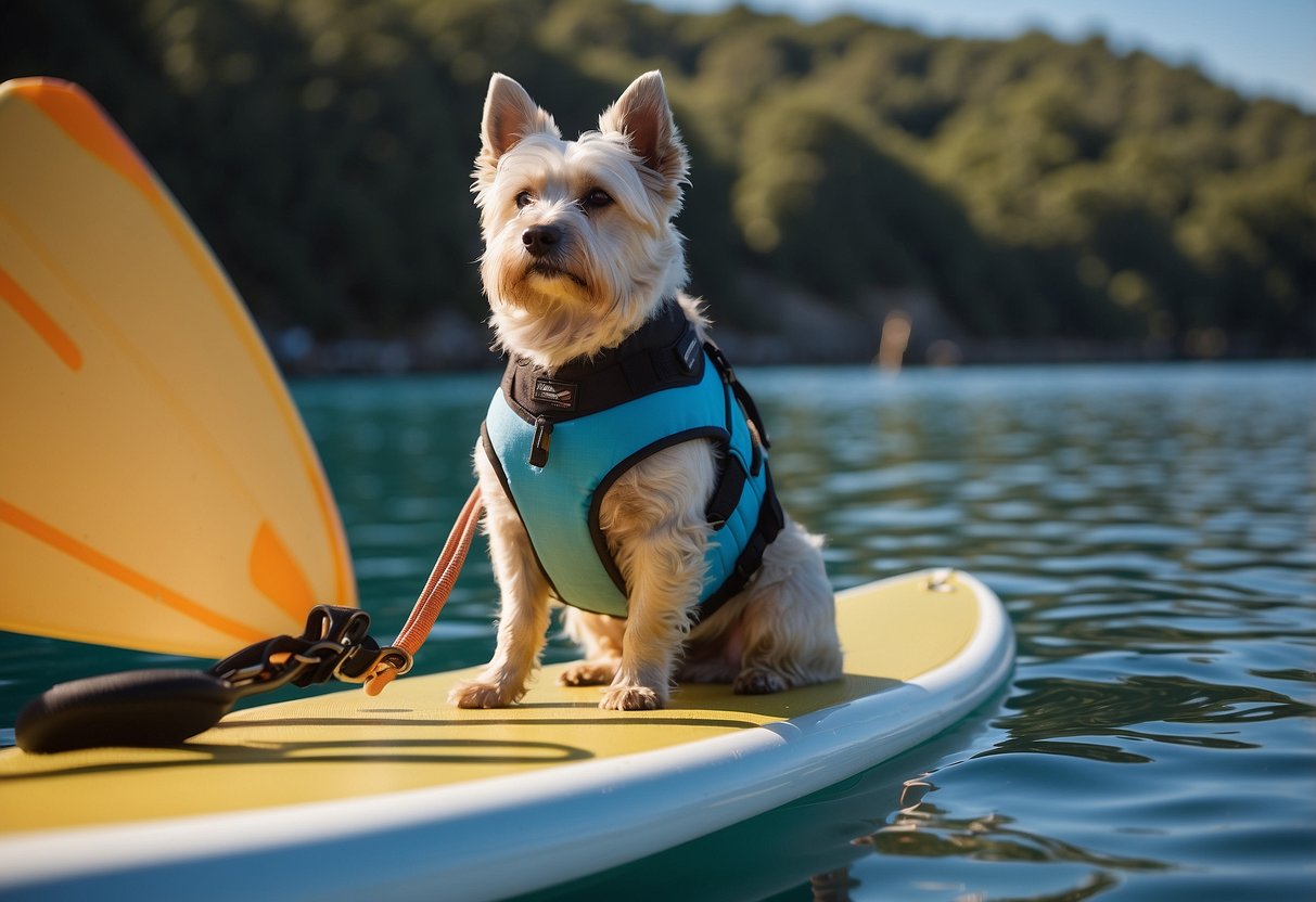 A dog with trimmed nails stands on a paddleboard, surrounded by calm waters and a clear blue sky. A leash and life jacket are nearby