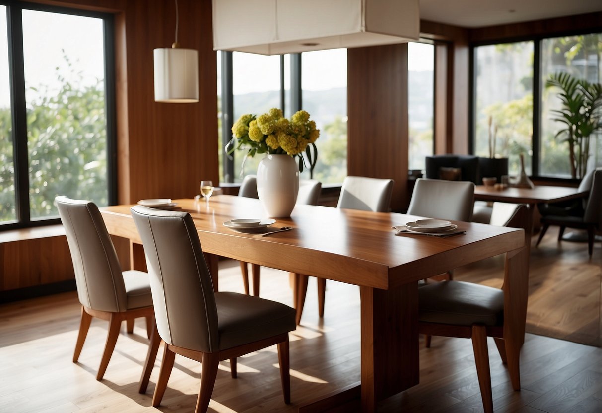 A sleek teak dining table and chairs sit in a sunlit room, showcasing the smooth, natural wood grain and elegant design