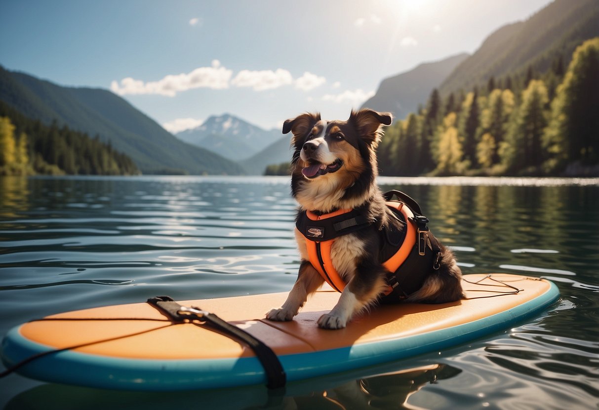 A dog sits on a paddleboard wearing a life jacket, with a leash attached to the board. The sun shines on calm water, surrounded by mountains and trees