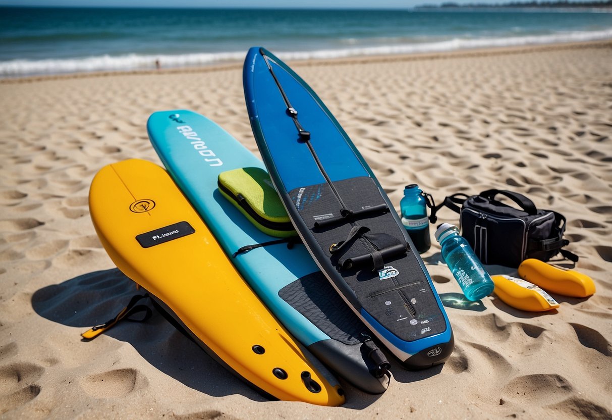 A paddleboarder's gear laid out on a beach: multi-tool, paddle, leash, sunscreen, and water bottle. The ocean and blue sky in the background