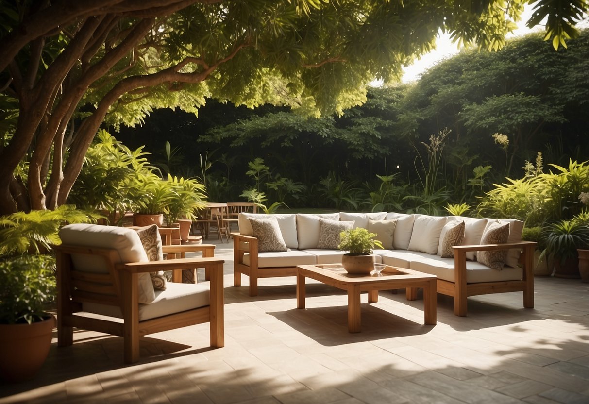 A serene outdoor patio with luxurious teak furniture, surrounded by lush greenery and bathed in warm sunlight