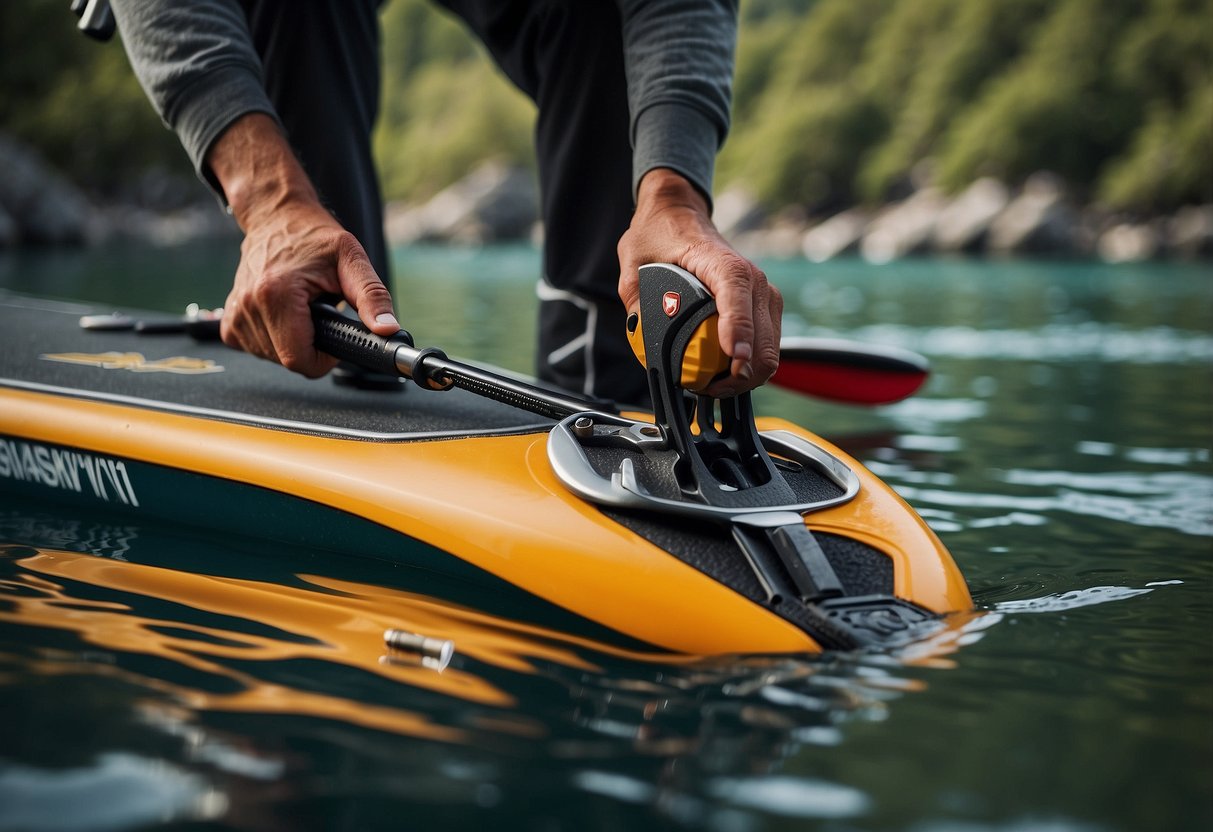 A paddleboarder uses the Victorinox Swiss Army RescueTool to fix a broken paddle while surrounded by water and nature