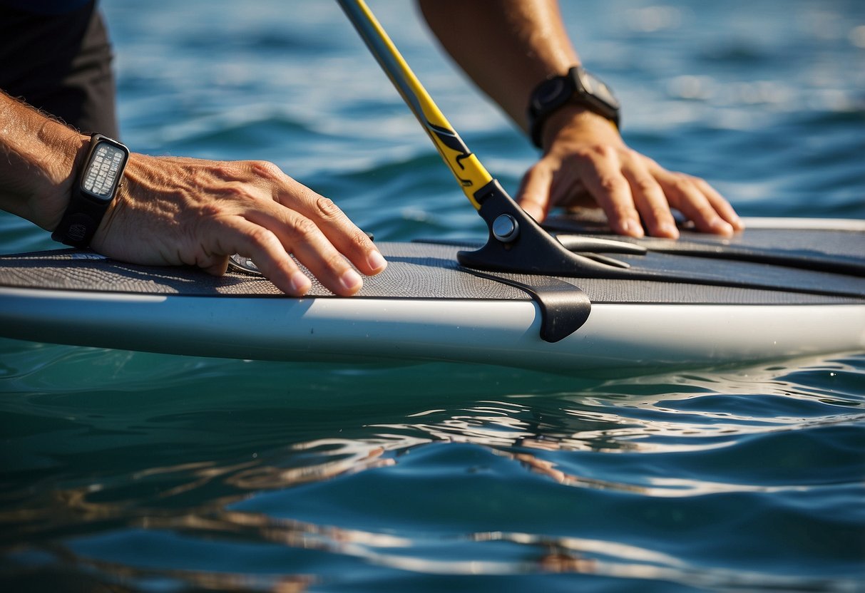 A paddleboarder reaches for their Spyderco ClipiTool Standard, using its multiple tools for various tasks on the water