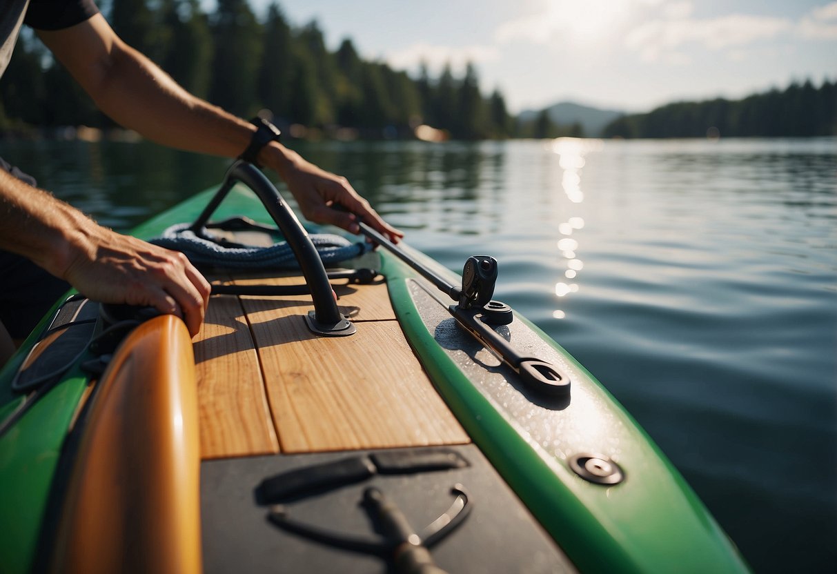 A paddleboarder selects from 5 multi-tools on a dock