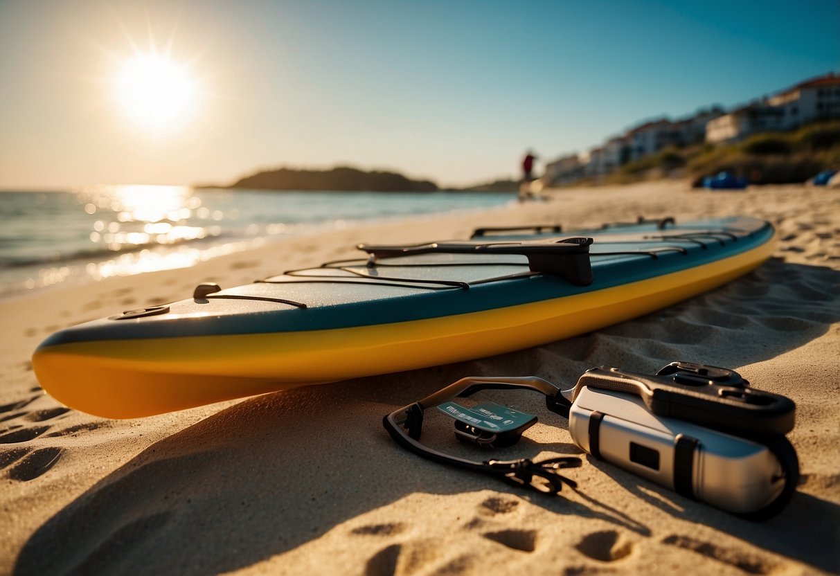 A paddleboard sits on a sandy beach, surrounded by a multi-tool kit with various attachments. The sun shines down on the board, highlighting the tools and creating a sense of readiness for maintenance and care