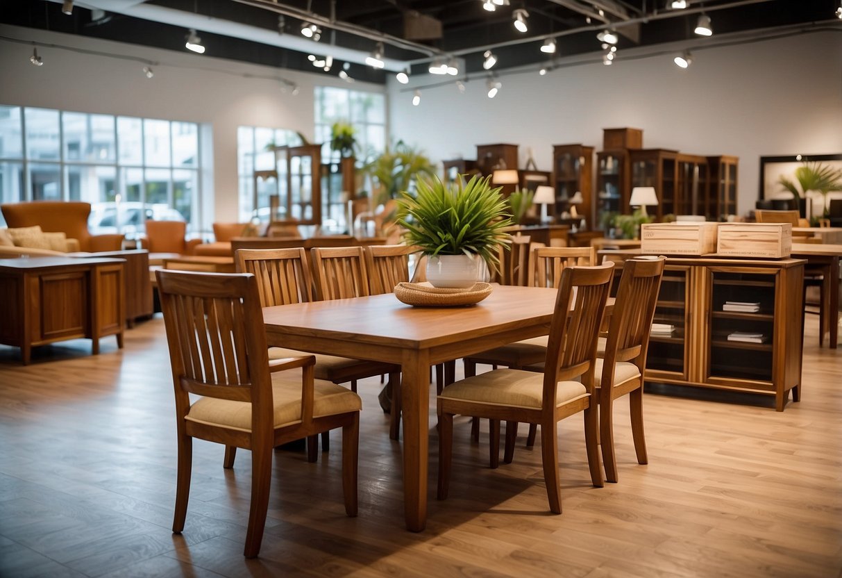 A well-lit showroom displays a variety of teak furniture pieces, including tables, chairs, and cabinets. The pieces are arranged neatly with price tags and labels indicating their quality and features