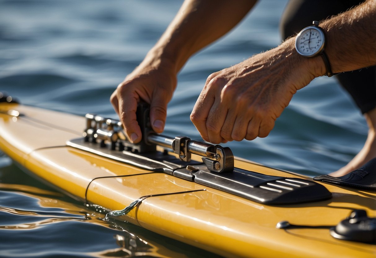 A paddleboarder uses a multi-tool to tighten screws on their board. The tool features a knife, pliers, and screwdriver, emphasizing its versatility and usefulness for water sports